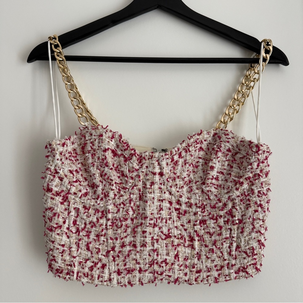 Alice + Olivia White & Pink Tweed Crop Top with Gold Chain Straps